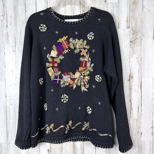 Victoria Jones Festive Black Holiday Sweater with Wreath Embroidery